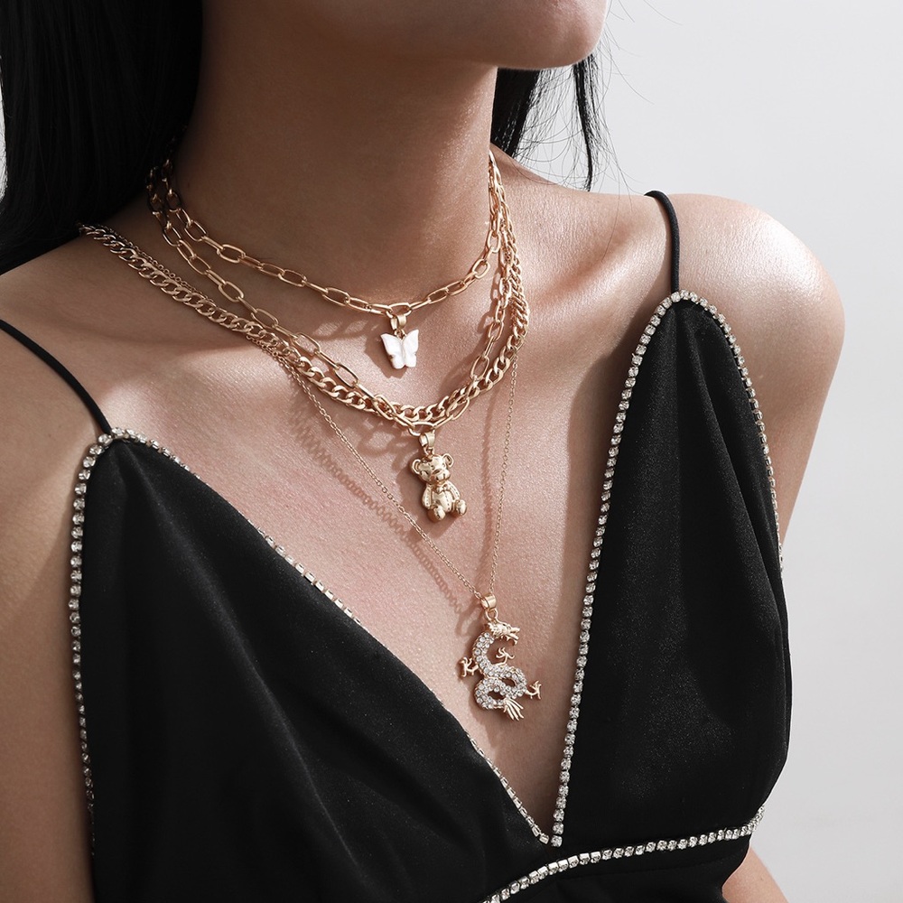 3/$25🦋 Layered Butterfly Bear Dragon Chain Gold